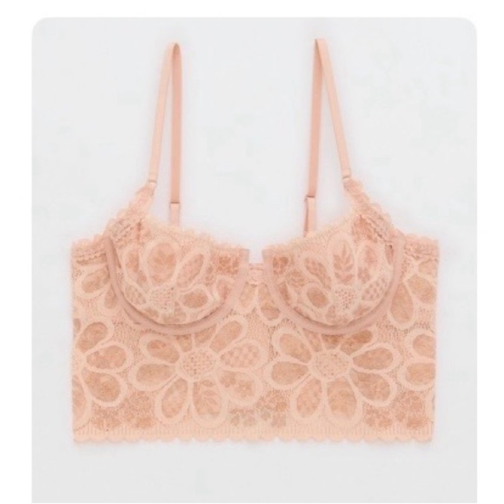 Aerie Show Off Coquette Lace Unlined Bra — Dusty Pink with Rose Gold Accents